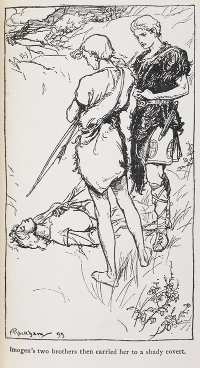 Illustratie van Imogen en haar broers uit Cymbeline. door Arthur Rackham