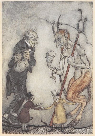 Illustratie van Scrooge en de duivel met twee kleine mannen onder hen door Arthur Rackham