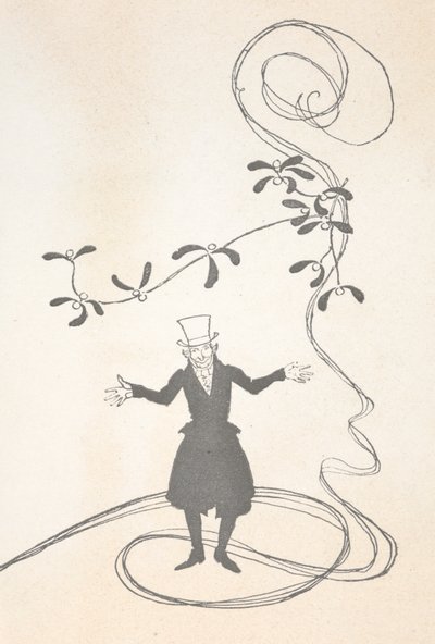 Illustratie van Scrooge, afgebeeld met een takje maretak, die er gelukkig uitziet. door Arthur Rackham
