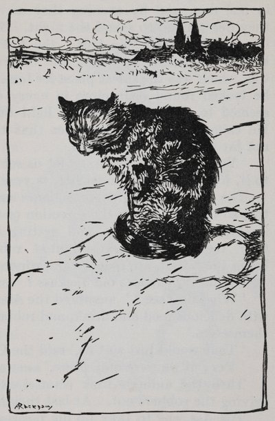 Illustratie van een kat uit De Bremer Stadsmuzikanten door Arthur Rackham