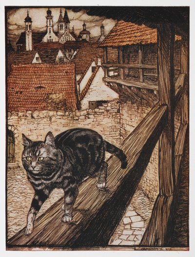Illustratie van een kat die langs een hek loopt uit De Kat en de Muis in Partnerschap. door Arthur Rackham
