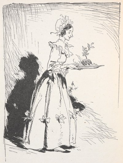 Illustratie van een vrouw die een kerstpudding draagt door Arthur Rackham