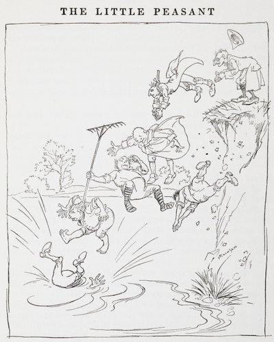 Illustratie van mannen die van een klif in een vijver springen uit De Kleine Boeren door Arthur Rackham