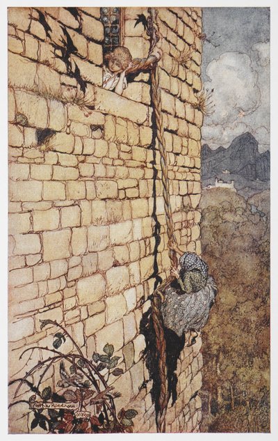 Illustratie van de heks die Rapunzels haar beklimt door Arthur Rackham