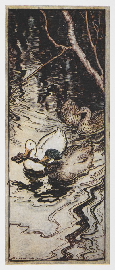 Illustratie van twee eenden die een sleutel dragen uit De Koningin Bij door Arthur Rackham