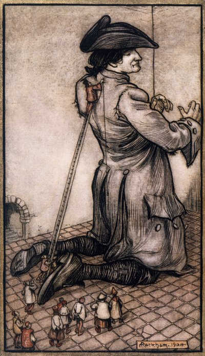 Lilliputische kleermakers meten Gulliver voor een nieuw pak, illustratie door Arthur Rackham uit Gulliver