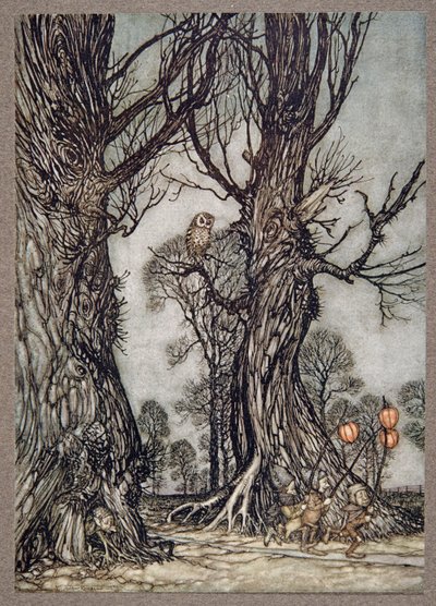 Linkmannen rennen voorop met winterkersen, uit Peter Pan in Kensington Gardens door J M Barrie, pub. 1906 door Arthur Rackham