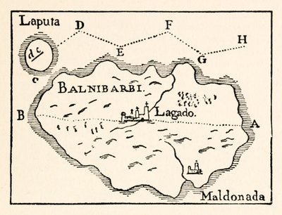Kaart van Laputa (vliegend eiland rechtsboven) en Balnibarbii (hoofdpoort Maldonada), uit Deel III: Een reis naar Laputa, Balnibarbi, Luggnagg, Glubbdubdrib en Japan in Gullivers Reizen door Jonathan Swift door Arthur Rackham