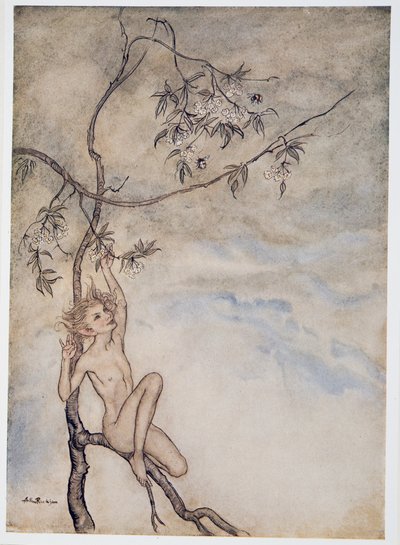 Vrolijk, vrolijk zal ik nu leven onder de bloesem die aan de tak hangt, illustratie uit William Shakespeares De Storm, uitgegeven 1926 door Arthur Rackham