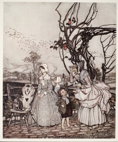 Moeder en kinderen komen terug van het appels plukken, uit Rip Van Winkle door Washington Irving, pub. 1910 door Arthur Rackham