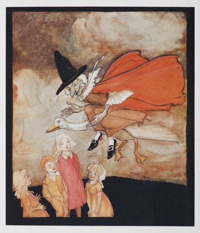 Oude Moeder Gans, vliegend over enkele kinderen in een rode cape en zwarte hoed door Arthur Rackham