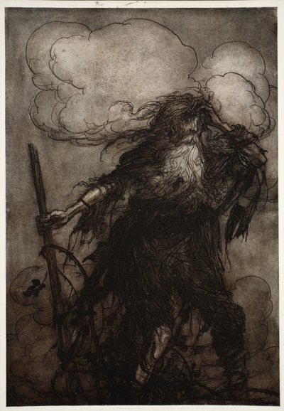 Rip wordt wakker. Zeker, dacht hij, ik heb hier niet de hele nacht geslapen? Oh! Die kruik! Die gemene kruik! Wat voor excuus zal ik maken voor Dame Van Winkle? uit Rip Van Winkle door Washington Irving, pub. 1910 door Arthur Rackham