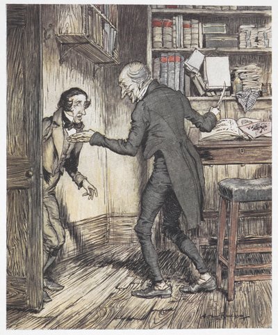 Scrooge schrijft in zijn kantoor terwijl een andere man binnenkomt door Arthur Rackham