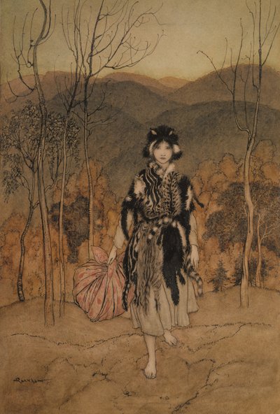 Ze ging mee, en ging mee, en ging mee gekleed in kattenvel, illustratie uit Engelse sprookjes herverteld door F.A. Steel, gepubliceerd 1918 door Arthur Rackham