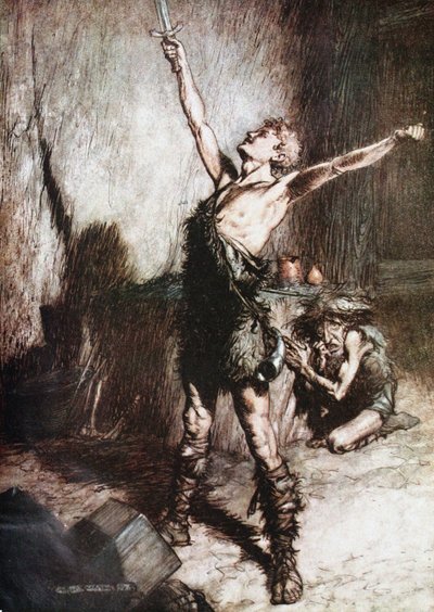Siegfried smeedt zijn zwaard. Illustratie voor Siegfried en De Schemering der Goden door Richard Wagner door Arthur Rackham