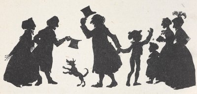 Silhouet van een jonge jongen en een man die mensen begroeten op weg naar huis van de kerk. door Arthur Rackham