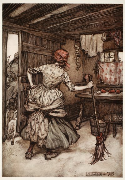 Zodat hij gedwongen was zijn troepen terug te trekken en naar de buitenkant van het huis te gaan - de enige kant die, in waarheid, toebehoort aan de onder de duim gehouden echtgenoot., uit Rip Van Winkle door Washington Irving, pub. 1910 door Arthur Rackham