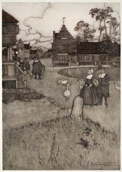 Enkele huizen van de oorspronkelijke kolonisten, uit Rip Van Winkle door Washington Irving, pub. 1910 door Arthur Rackham
