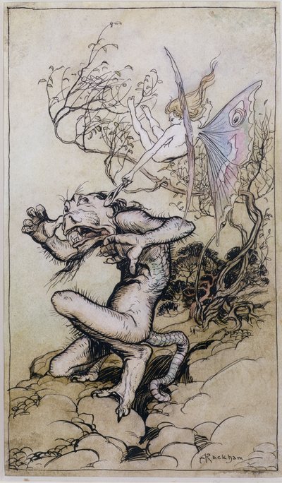 Sprite en monster, een illustratie uit Verhalen van Shakespeare door Charles en Mary Lamb door Arthur Rackham