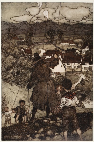 Leerde hen vliegers oplaten., uit Rip Van Winkle door Washington Irving, uitgegeven 1910 door Arthur Rackham