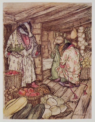 De wintervoorraden van de Das, die inderdaad overal zichtbaar waren, namen de helft van de kamer in beslag, uit Wind in the Willows van Kenneth Grahame, pub. 1940 door Arthur Rackham
