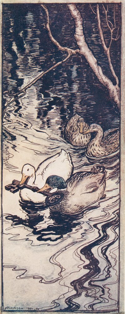 De eenden, die hij ooit had gered, doken en brachten de sleutel uit de diepte omhoog, uit De Sprookjes van de Gebroeders Grimm, uitgegeven 1909 door Arthur Rackham