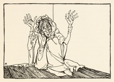 De heks zat tegen de muur, uit Morgans razernij in Ierse sprookjes door Arthur Rackham