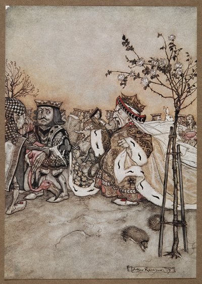 De Hartenkoningin schreeuwt boos na het spel croquet door Arthur Rackham