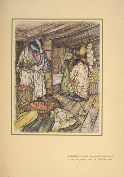 De wintervoorraden van de das, die inderdaad overal zichtbaar waren, namen de helft van de kamer in beslag. door Arthur Rackham