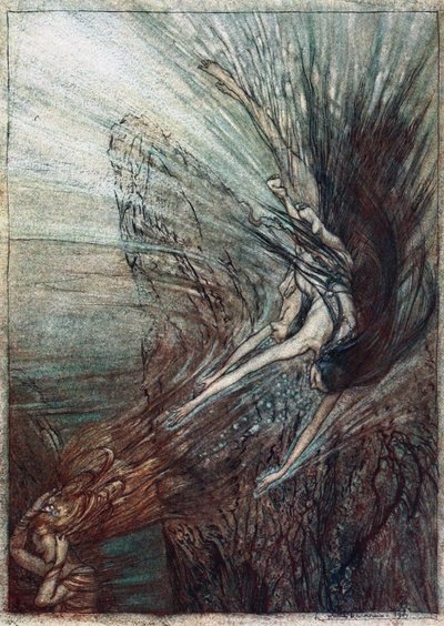 Het plezier van de Rijndochters. Illustratie voor Het Rijngoud en De Walkure door Richard Wagner door Arthur Rackham