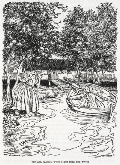 "De oude vrouw ging recht het water in". Illustratie voor 