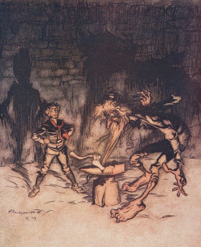 De jongeman pakte de bijl en spleet het aambeeld met één slag, waarbij hij tegelijkertijd de baard van de oude man ving, uit De Sprookjes van de Gebroeders Grimm, pub. 1909 door Arthur Rackham