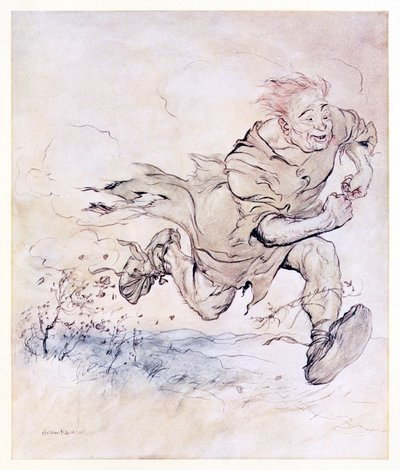 Het bonzen van zijn grote laarzen werd zo continu als het getik van hagelstenen op een dak, en de wind van zijn passage blies bomen omver, uit De kerel van de grauwe jas in Ierse sprookjes door Arthur Rackham