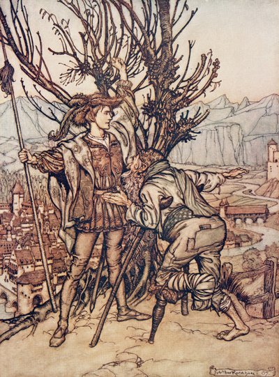De jonge prins zei: Ik ben niet bang; ik ben vastbesloten om de mooie Doornroosje te zien, uit De Sprookjes van de Gebroeders Grimm, pub. 1909 door Arthur Rackham