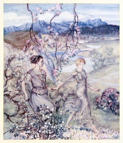 Toen gingen ze [Iollan en Tuiren] hand in hand in het land dat ruikt naar appelbloesem en honing, uit The Birth of Bran in Irish Fairy Tales door Arthur Rackham