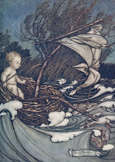 Er stak nu een machtige storm op en hij werd heen en weer geslingerd.., uit Peter Pan in Kensington Gardens door J M Barrie (1860 - 1937), pub. 1906 door Arthur Rackham