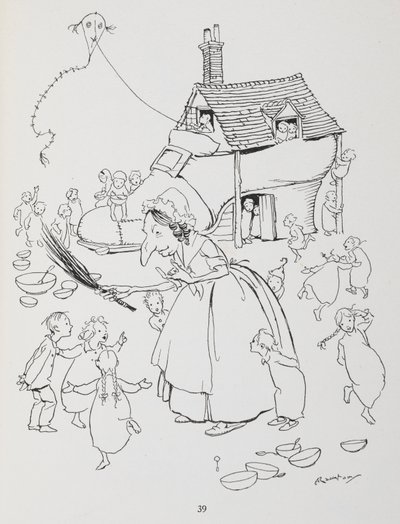 Er was eens een oude dame die in een schoen woonde. Vrouw met een schoenhuis en veel kinderen. door Arthur Rackham