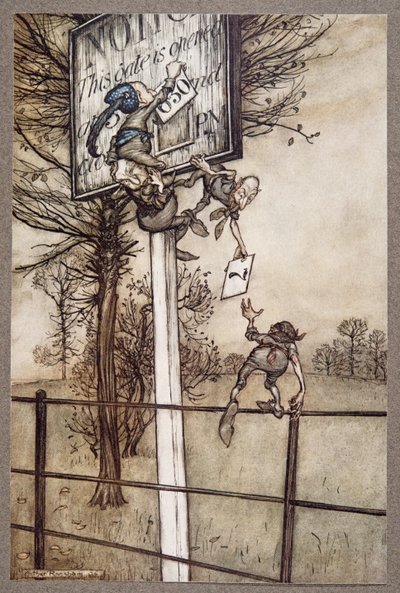 Deze ondeugende feeën veranderen soms stiekem het bord op een balavond ..., uit Peter Pan in Kensington Gardens door J M Barrie (1860 - 1937), pub. 1906 door Arthur Rackham