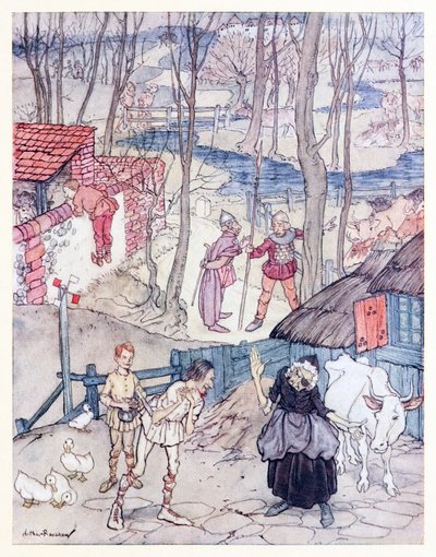 Ze boden een koe voor elk been van haar koe, maar ze zou dat aanbod niet accepteren tenzij Fiachna borg stond voor de betaling, uit Mongans razernij in Ierse sprookjes door Arthur Rackham