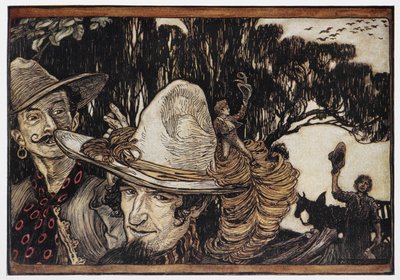 Klein Duimpje zittend op de rand van een hoed door Arthur Rackham