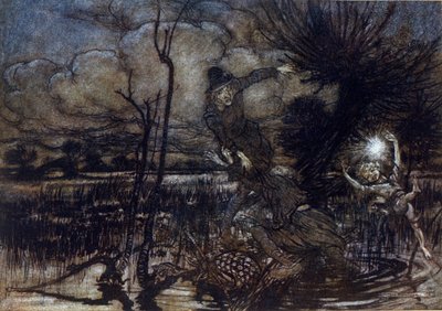 Twee personages verdrinken niet in het moeras, Puck helpt hen met een vuur. Illustratie door Arthur RACKHAM voor De Droom van een Zomernacht door William SHAKESPEARE door Arthur Rackham