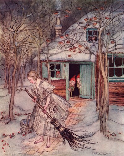 Wat vond ze daar anders dan echte rijpe aardbeien. Illustratie door Arthur Rackham uit Grimm