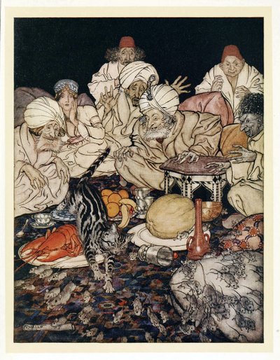 Toen Poes de ratten en muizen zag, wachtte ze niet om te worden verteld, uit Engelse sprookjes, pub. 1922 door Arthur Rackham