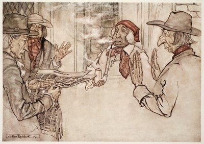 Wanneer iets hem niet beviel, werd hij waargenomen terwijl hij heftig zijn pijp rookte en korte, frequente en boze pufjes uitstootte., uit Rip Van Winkle door Washington Irving, pub. 1910 door Arthur Rackham