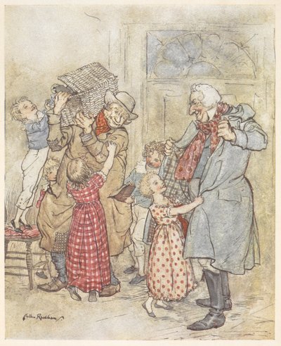 Jonge kinderen die twee oudere mannen helpen met hun jassen terwijl ze een huis binnenkomen met kerstcadeaus door Arthur Rackham
