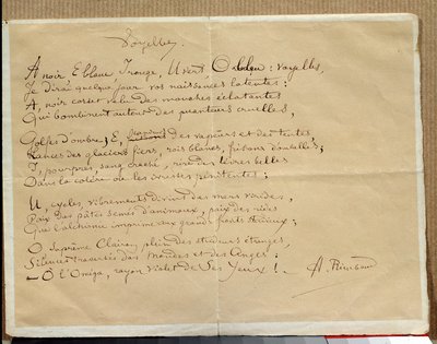 Manuscript van het gedicht van Arthur Rimbaud: De Klinkers door Arthur Rimbaud