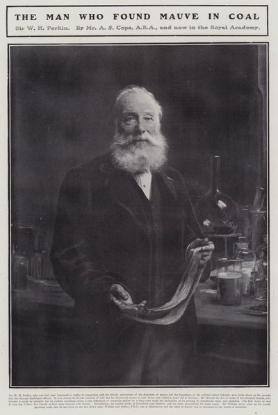 William Henry Perkin, Engelse chemicus die de eerste synthetische organische kleurstof, mauveïne, ontdekte door Arthur Stockdale Cope