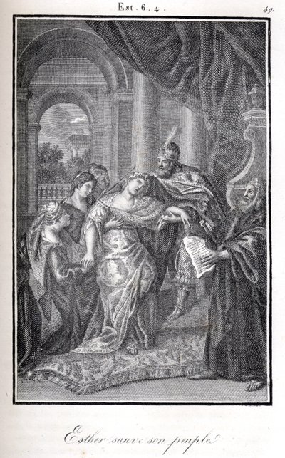 Bijbel, Esther redt haar volk door Ahaseveros te vertellen dat Haman van plan was haar te doden (gravure) door Artist Unknown