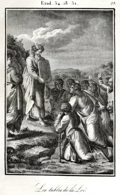 Bijbel, Mozes toont de twee tafelen met de tien geboden (gravure) door Artist Unknown