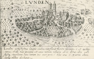 Stad Lund, die in de Middeleeuwen bij Denemarken hoorde, gravure door Artist Unknown